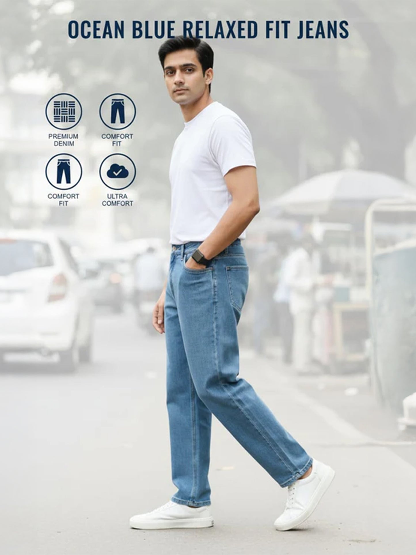 Men’s Light Blue Comfort-Fit Jeans – Premium Denim