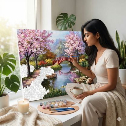 Japanese Cherry Blossom Bridge – Paint by Numbers Kit