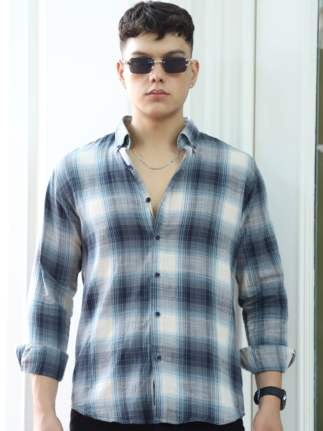 Obsidian Blue Cotton Check Shirt