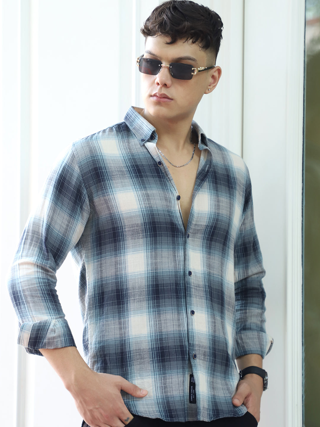 Obsidian Blue Cotton Check Shirt